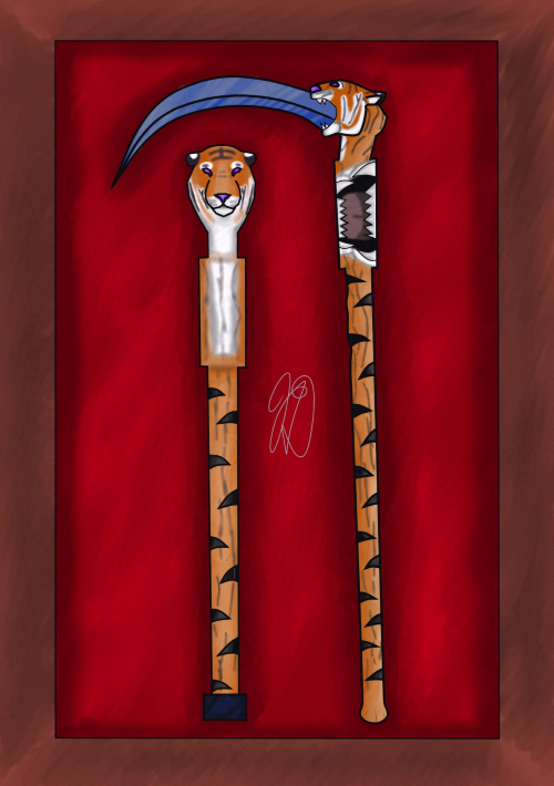 A display box holding the twin scythe canes, of a newly appointed Grim Reaper, JD. Their names are Memento & Mori.
                    They're modeled after a tiger, the reapers favorite animal in life.